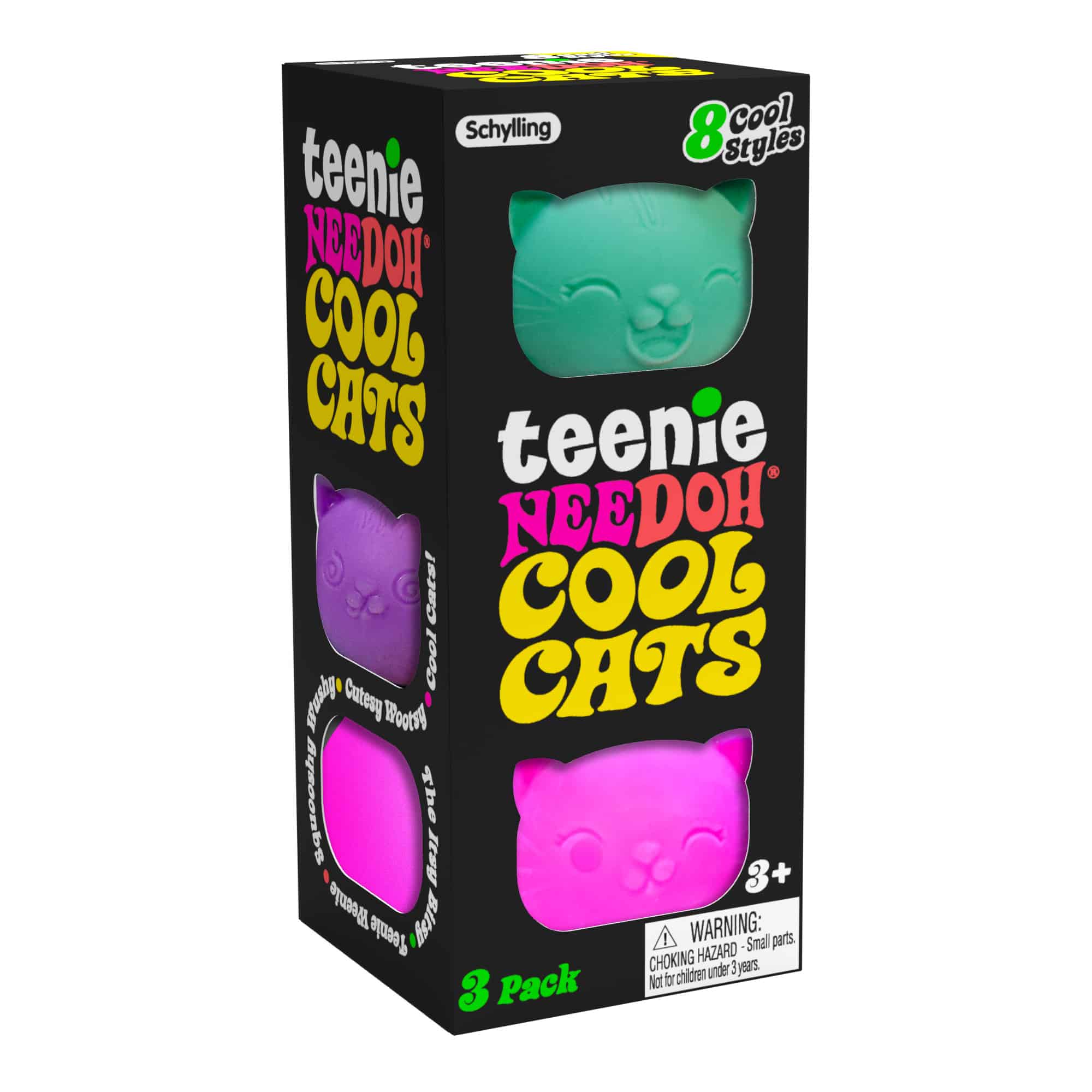 Teenie NeeDoh Cool Cats – Mini Squishy Cat Squeeze Toy | 3-Pack, 8 Expressions & 4 Colors